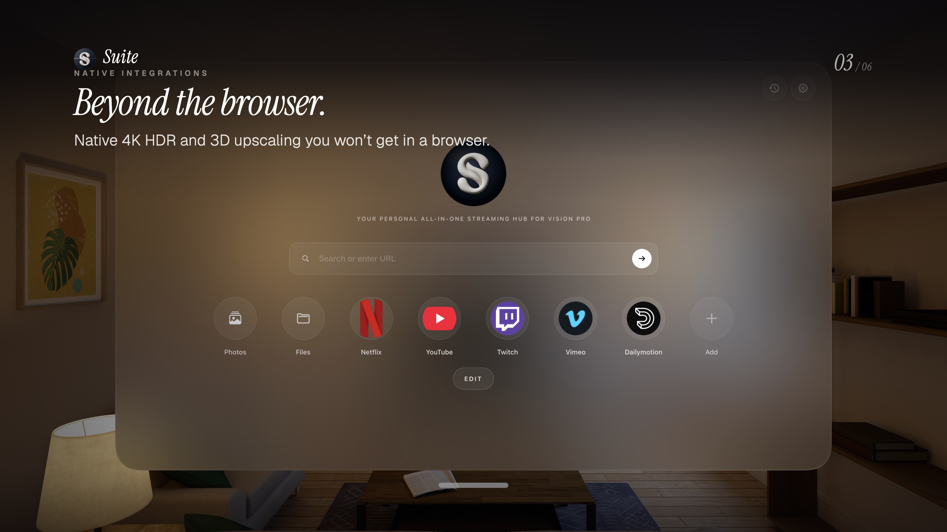 Suite dashboard, an all-in-one streaming hub with native Netflix, YouTube, Twitch, Vimeo and Dailymotion plus your own Photos and Files