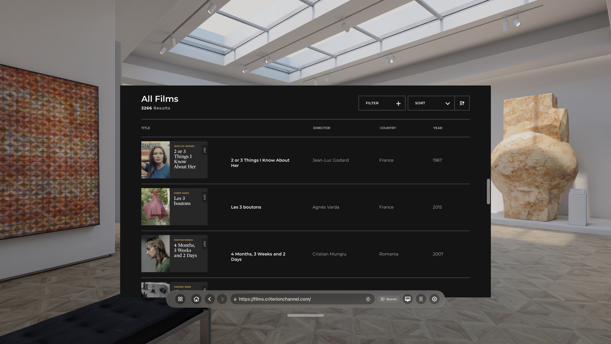 The Criterion Channel All Films catalog inside a museum space on Vision Pro