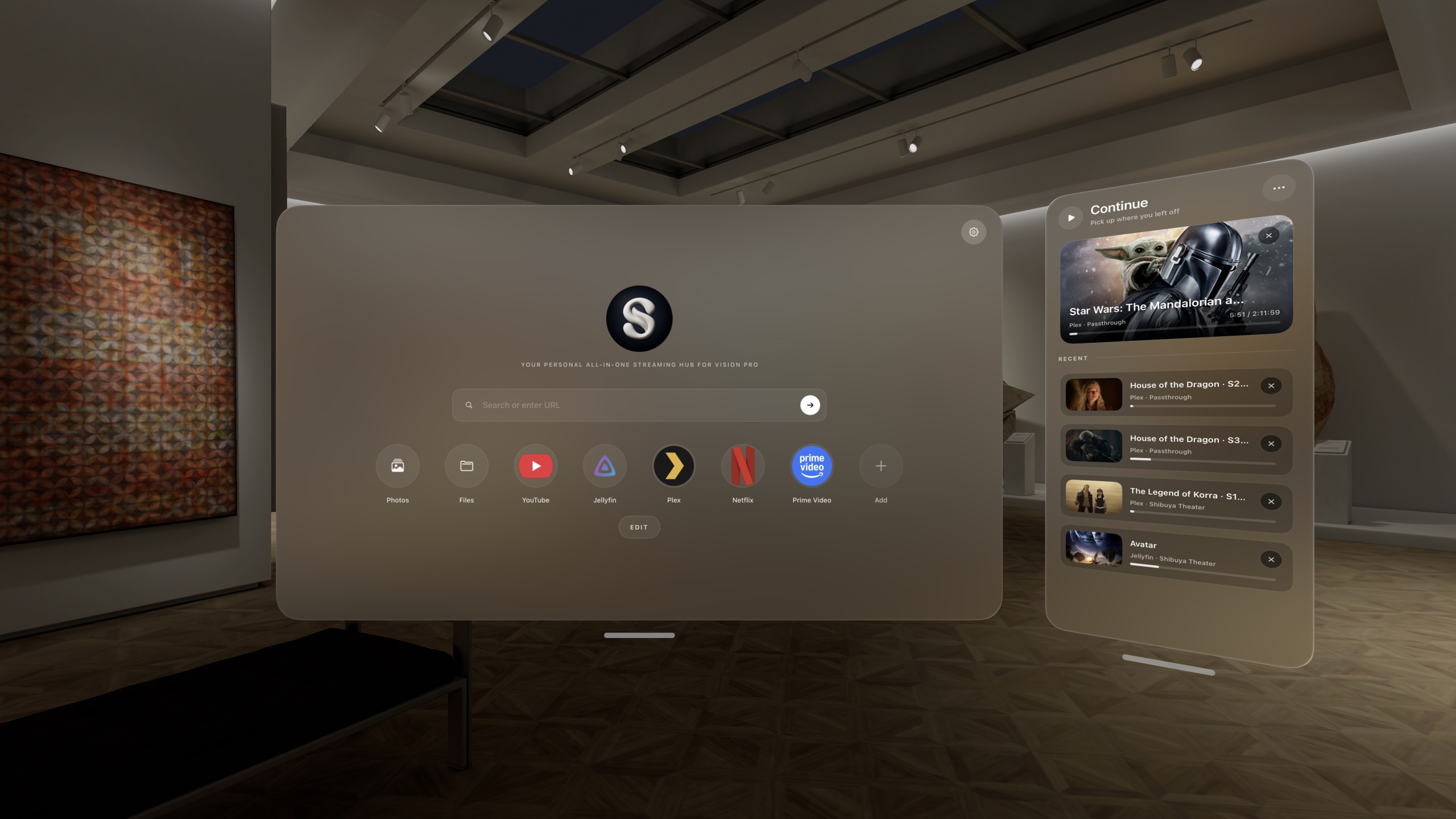 The Suite dashboard floating in a museum space, with Photos, Files, YouTube, Jellyfin, Plex, Netflix and Prime Video tiles beside the Continue panel