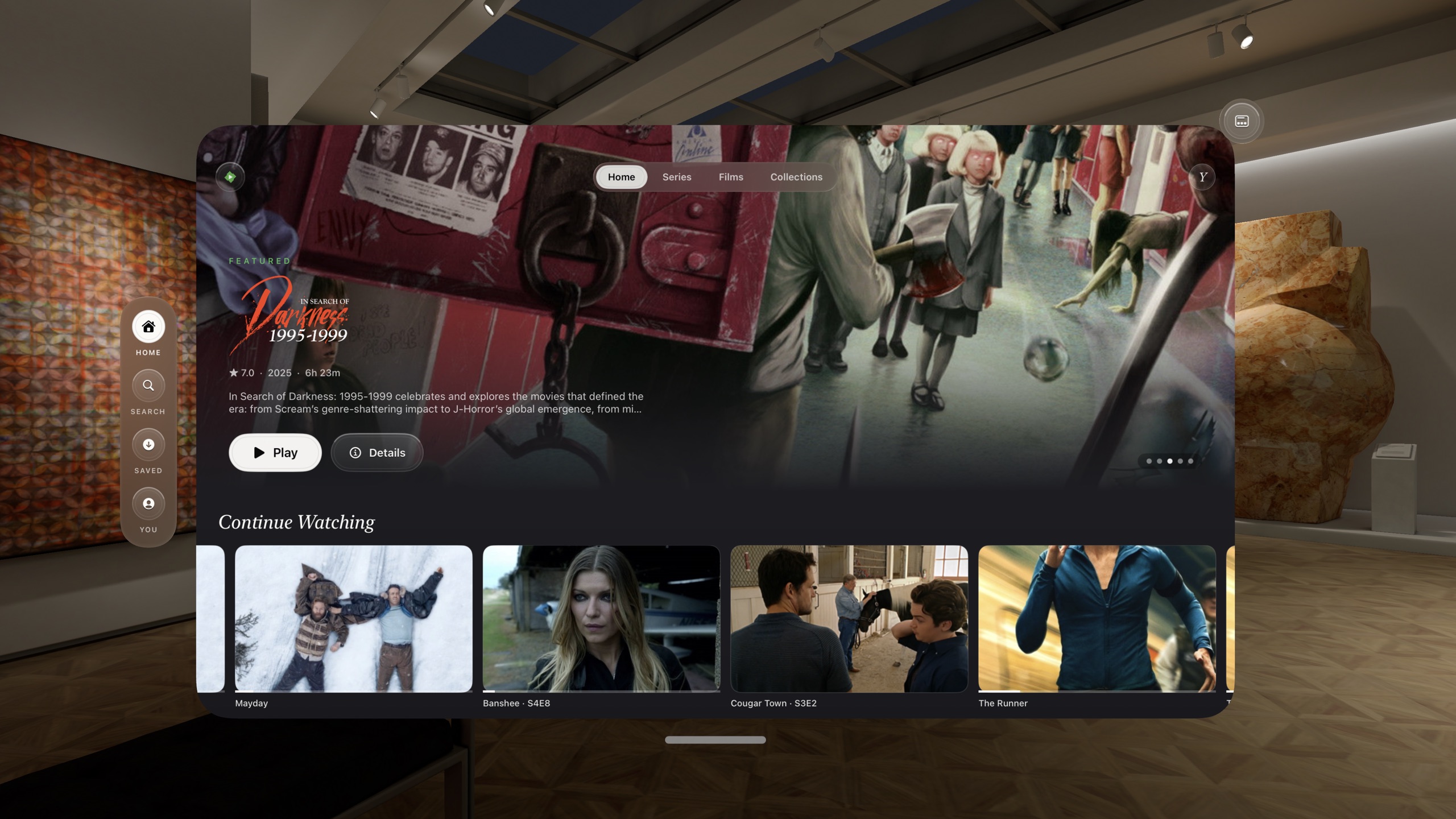 An Emby library in Suite with an In Search of Darkness billboard, Home, Series, Films and Collections tabs and Continue Watching on Vision Pro