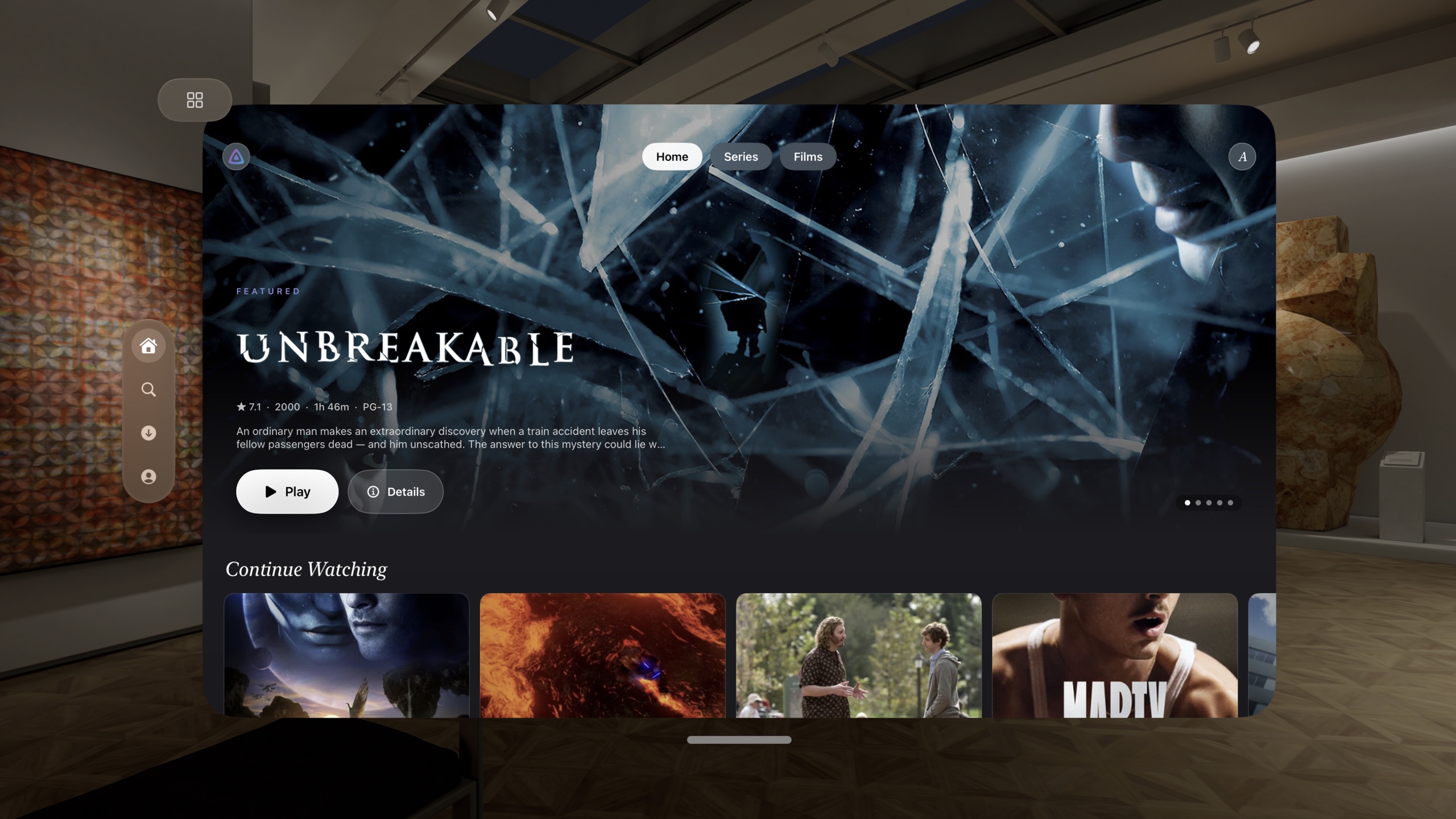 A Jellyfin library with an Unbreakable billboard inside a museum space on Vision Pro