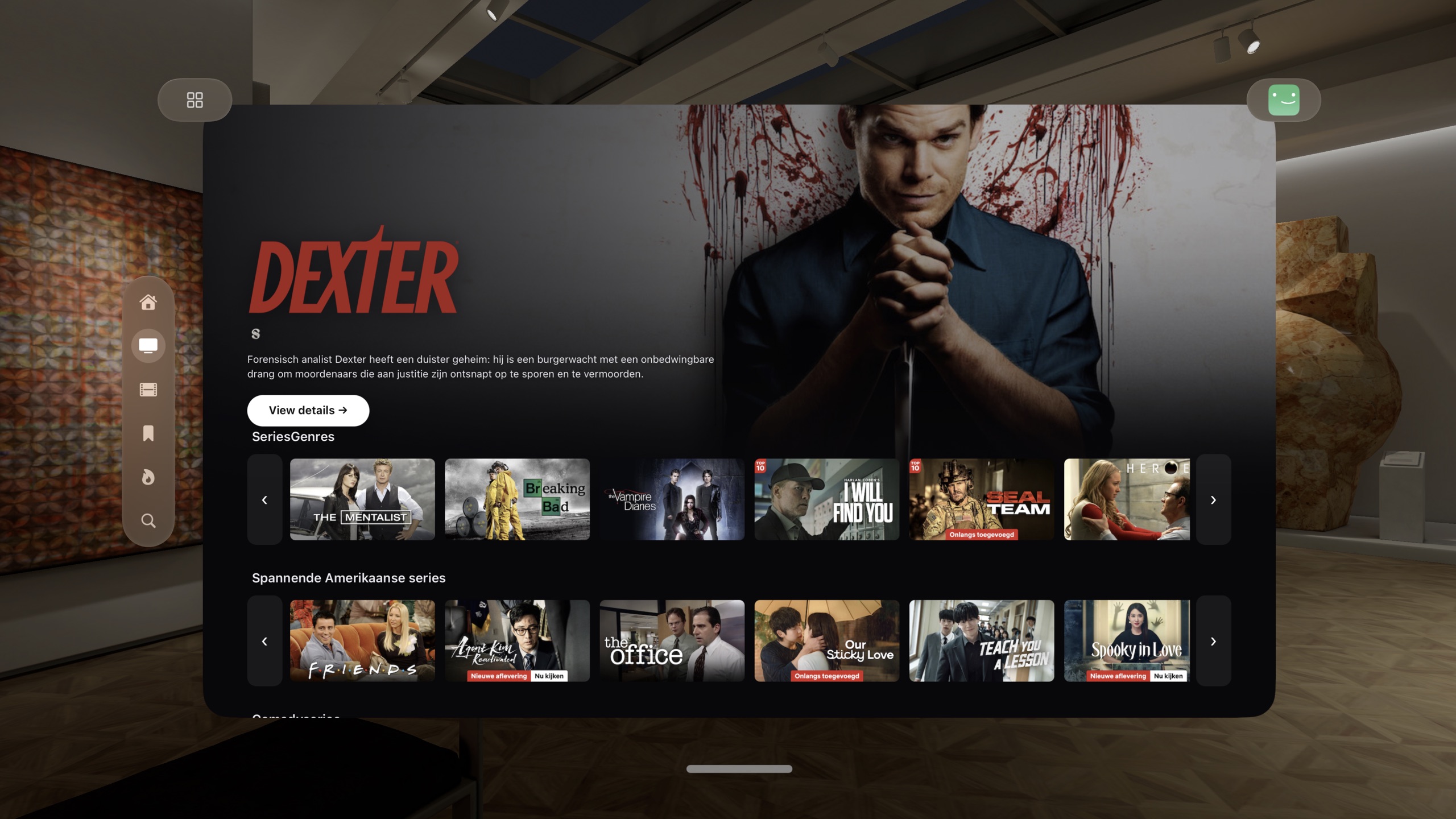 The redesigned Netflix home with a Dexter billboard inside a museum space on Vision Pro