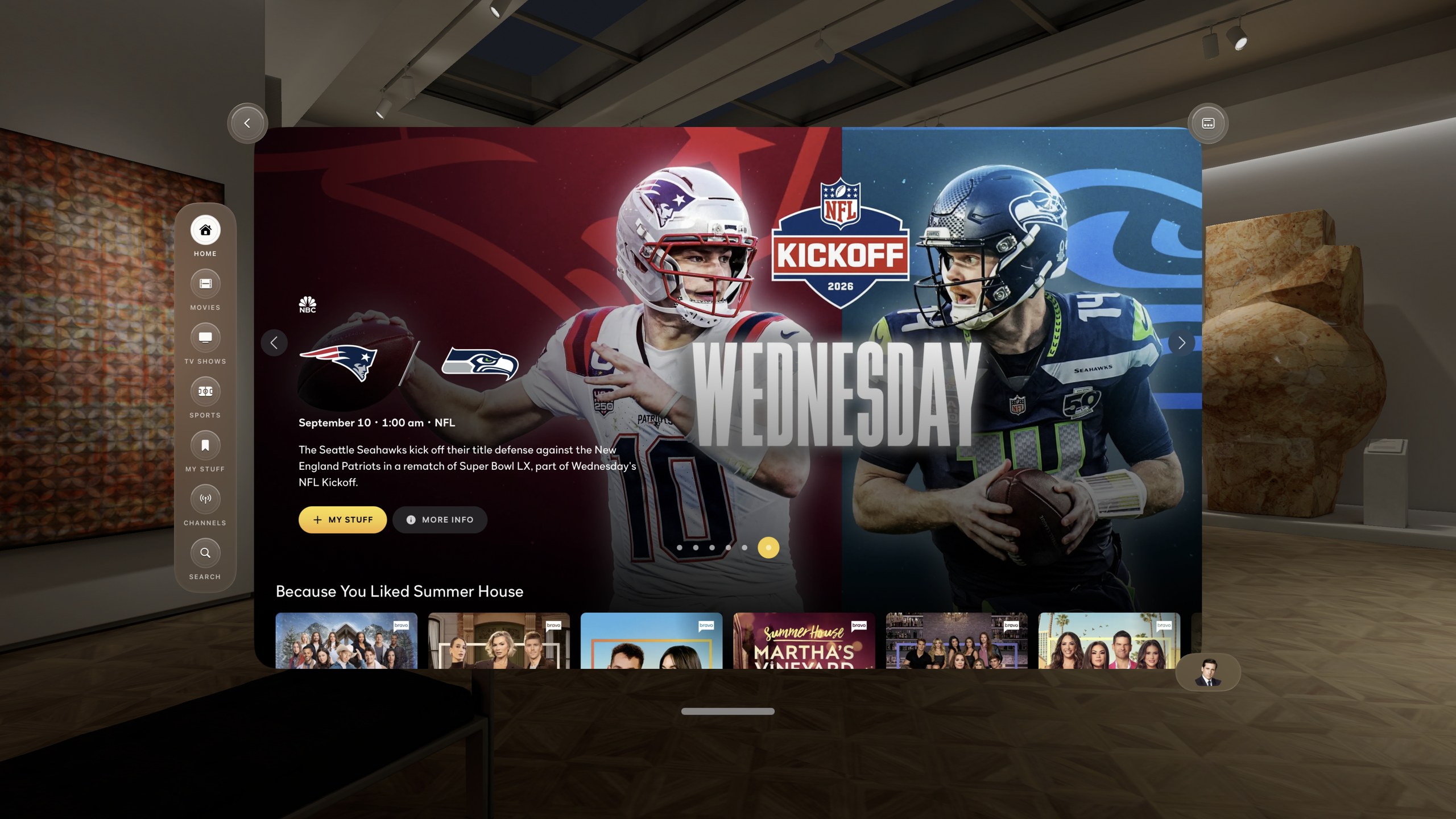 Peacock inside Suite with the NFL Kickoff billboard, Patriots against Seahawks, and a Because You Liked Summer House row on Vision Pro