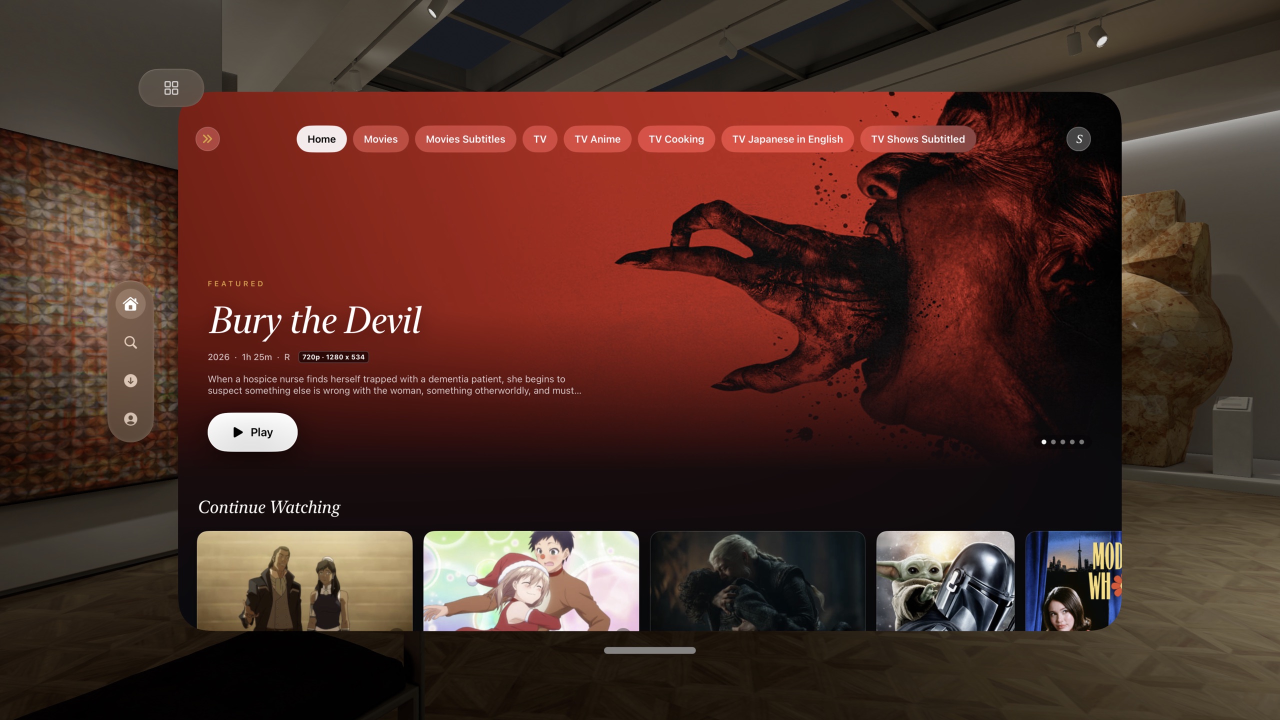 A personal Plex library with a Bury the Devil billboard inside a museum space on Vision Pro