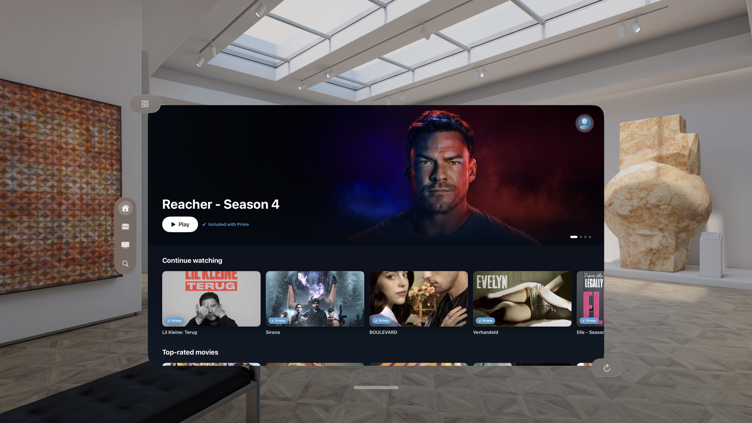 Prime Video with Reacher Season 4 inside a museum space on Vision Pro