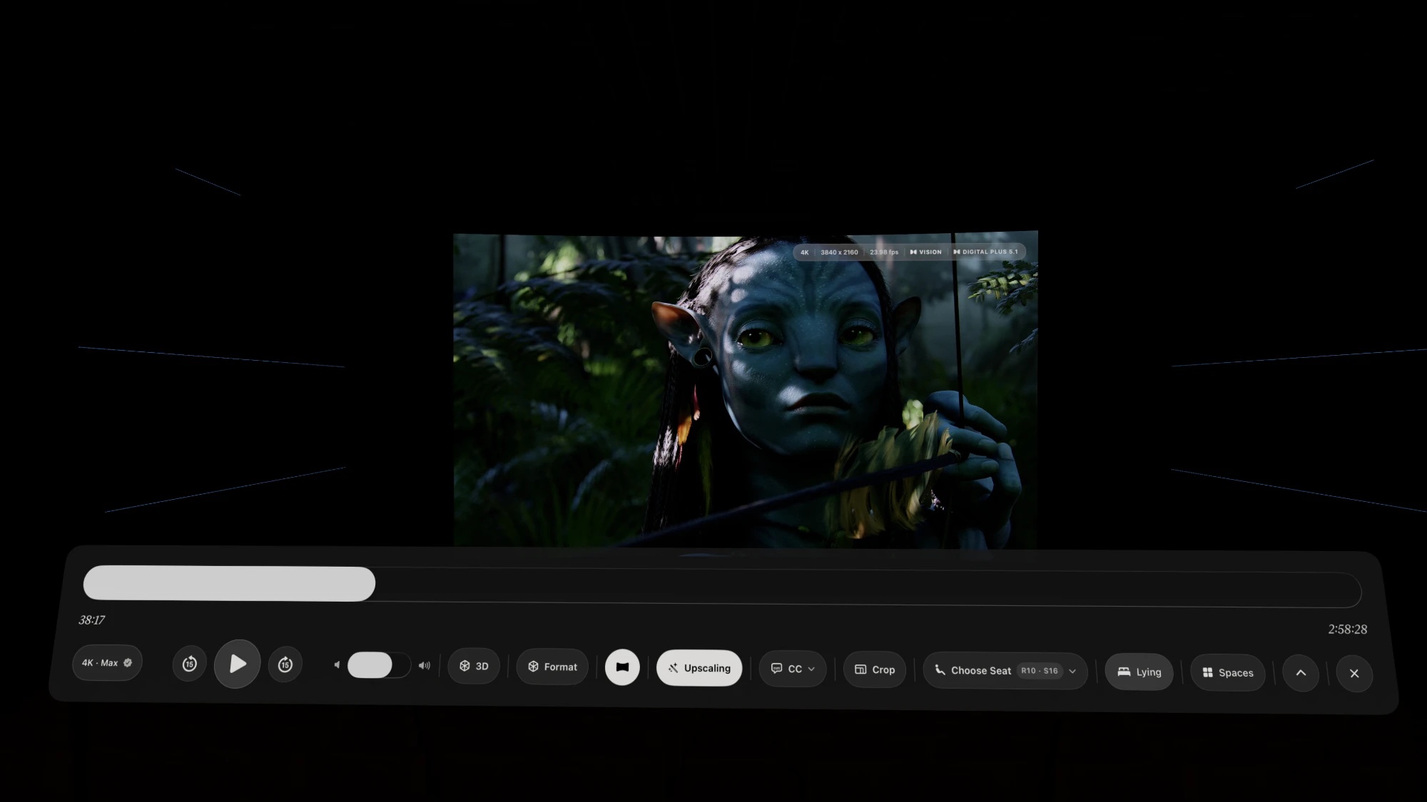 Shibuya Theater with Avatar playing in 4K Dolby Vision and the full playback controls open