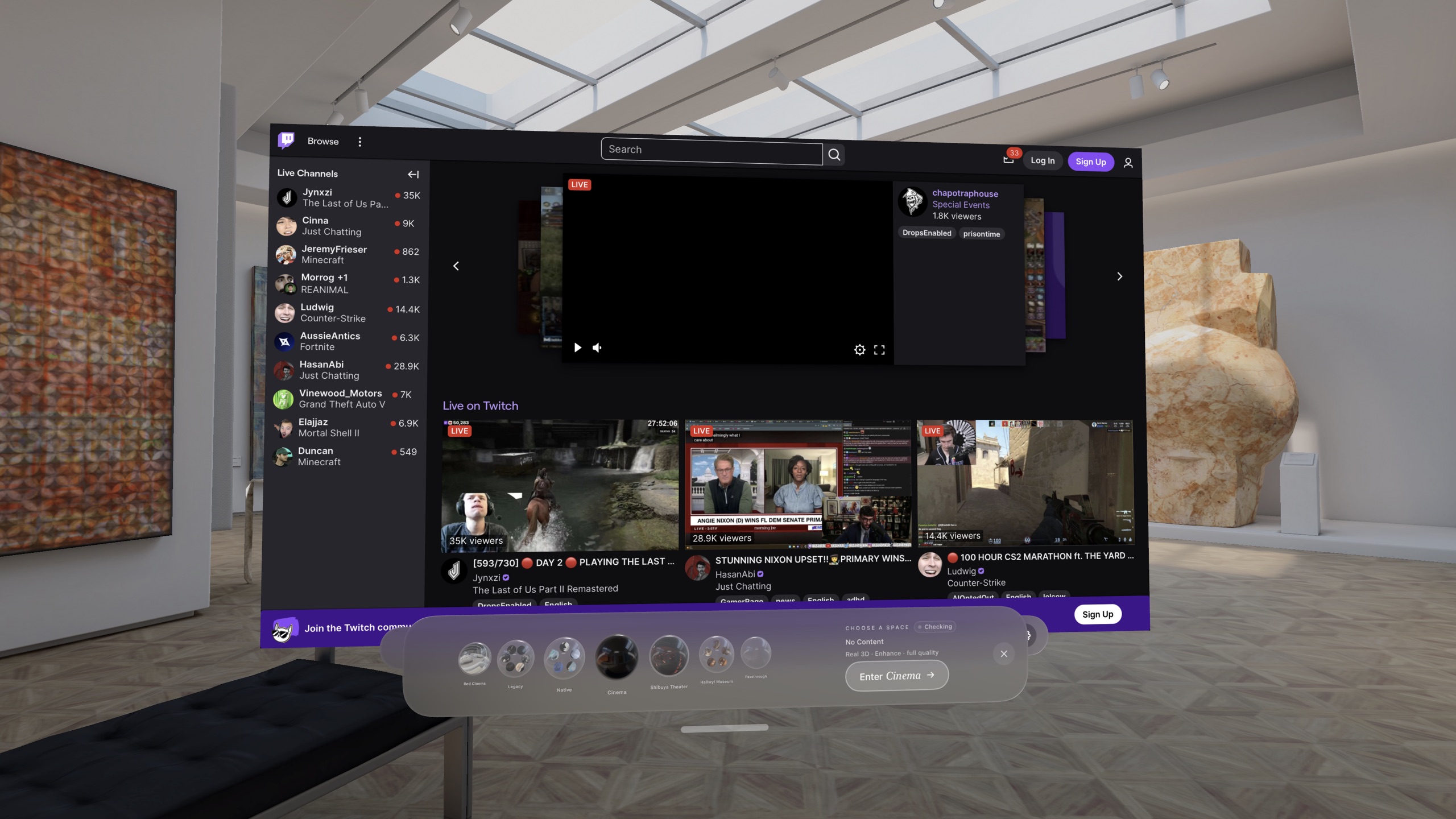 Twitch with the Suite space picker open, showing environment orbs and Enter Cinema