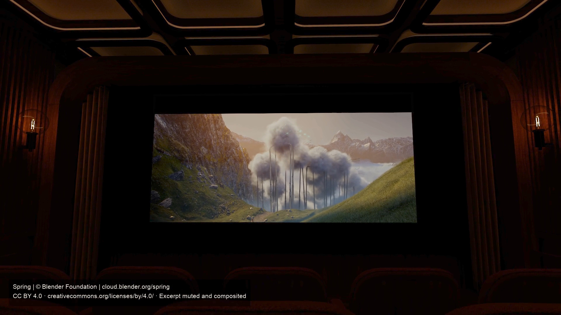Amber Theater’s warm wood interior, with Spring playing on the cinema screen