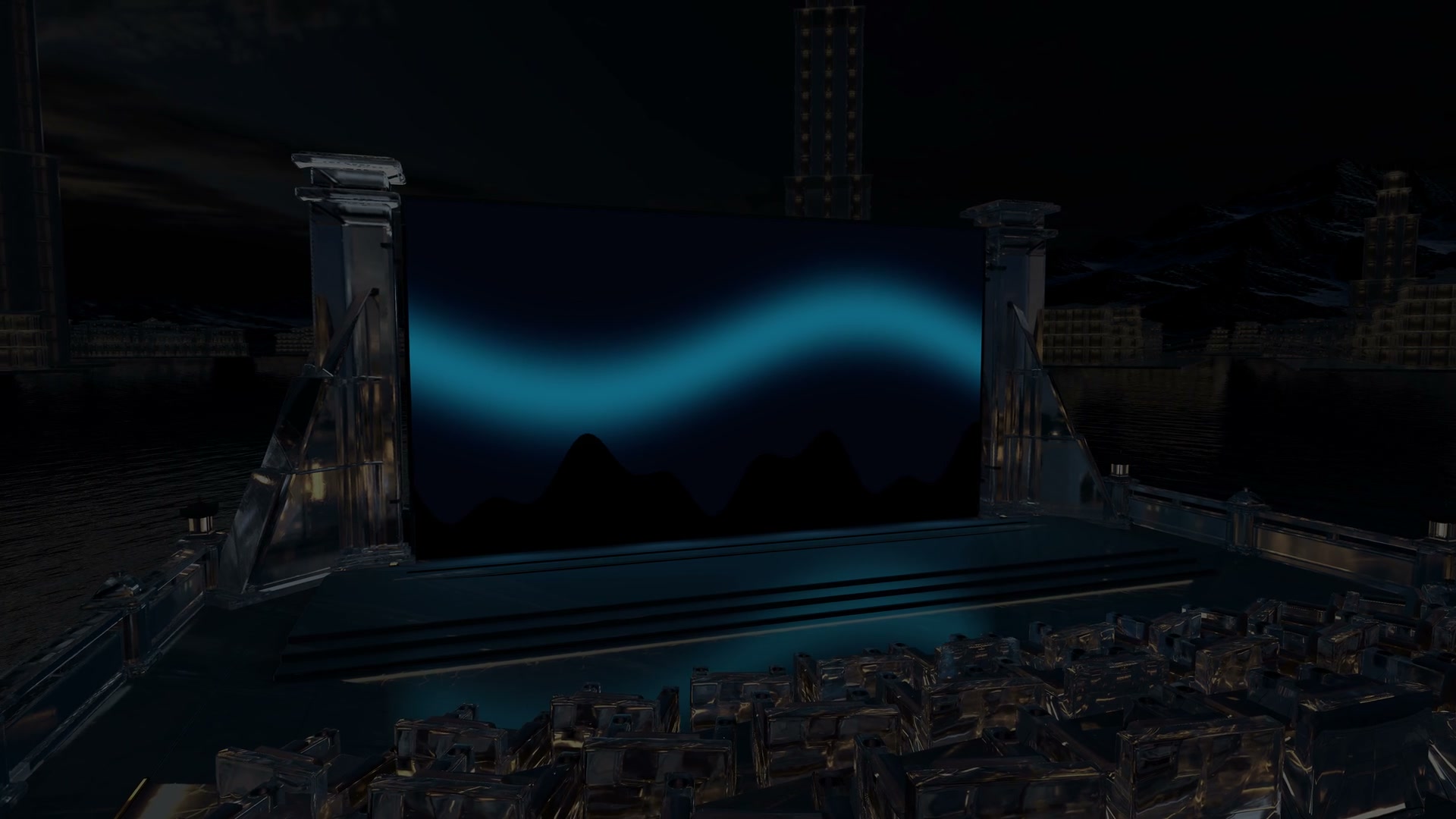 Ice City’s monumental screen, terraces and blue reflections at night