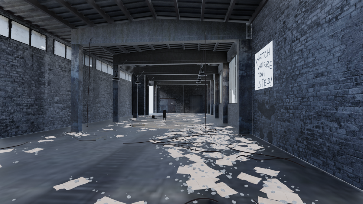 The Warehouse environment, a raw industrial hall of brick, steel, and concrete